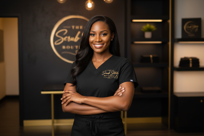 Logo embroidered on scrubs