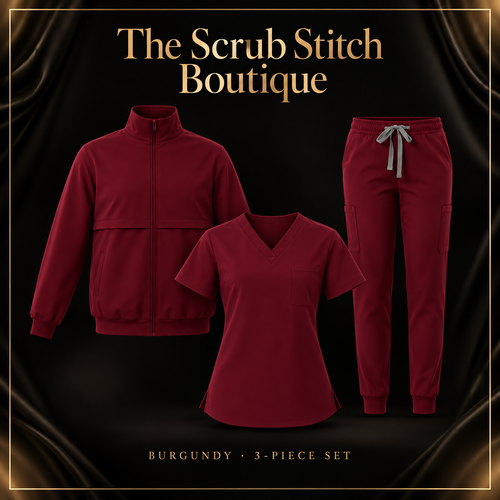3-Piece Scrub Set with Jacket – Burgundy, Navy & Black