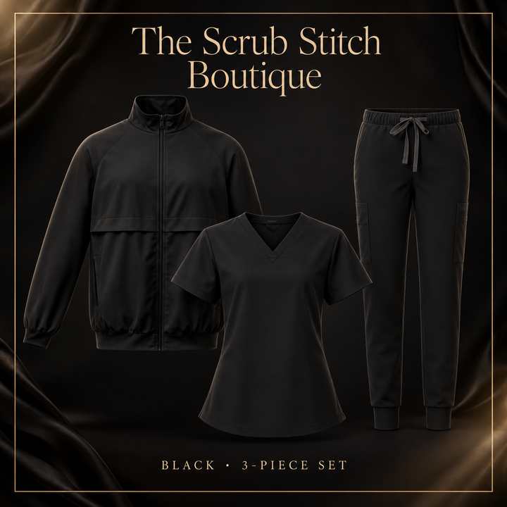 3-Piece Scrub Set with Jacket – Burgundy, Navy & Black