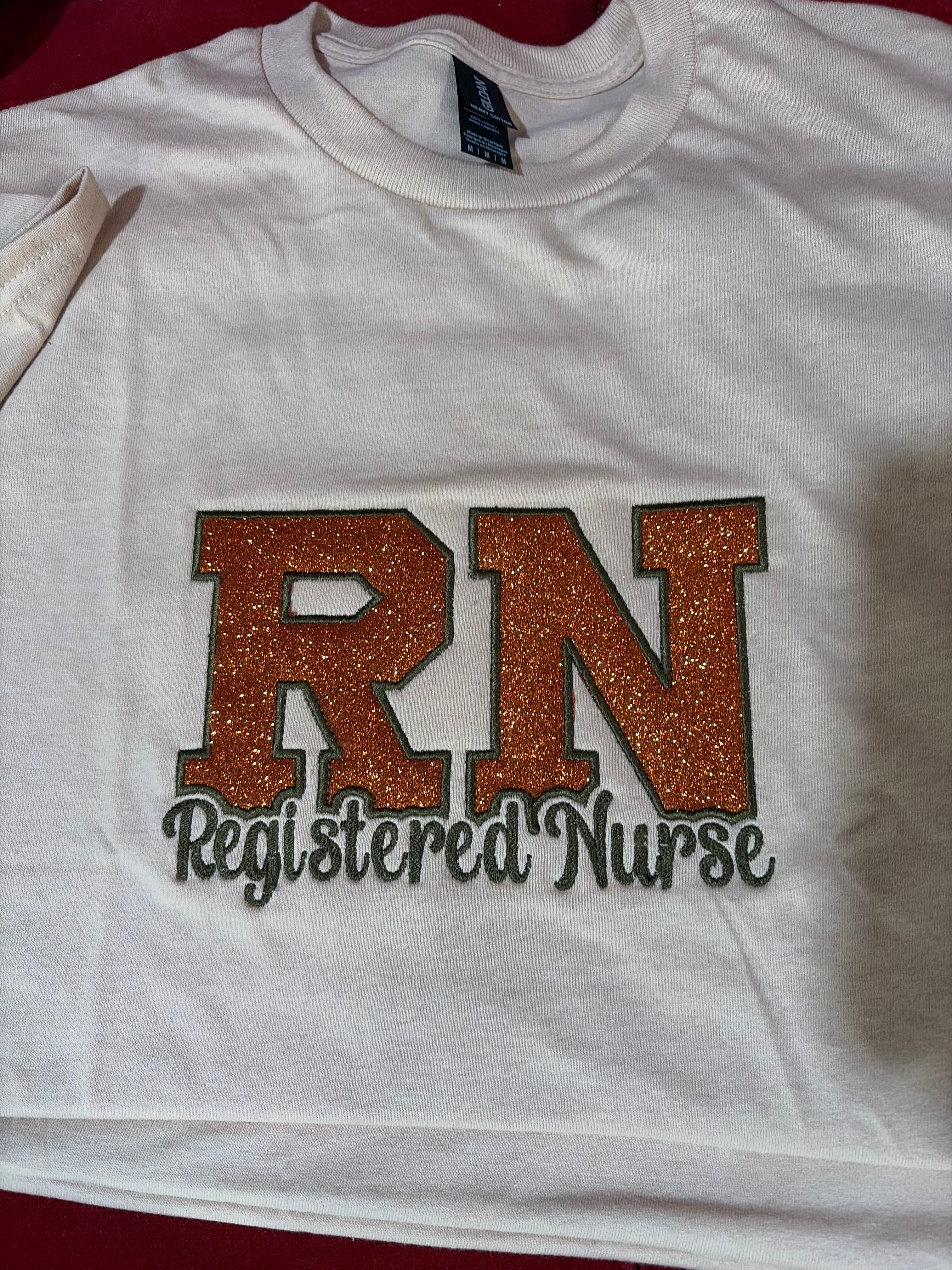 RN Registered Nurse Glitter Appliqué Shirt | Custom Embroidered Nurse T-Shirt | Handmade Nursing Gift