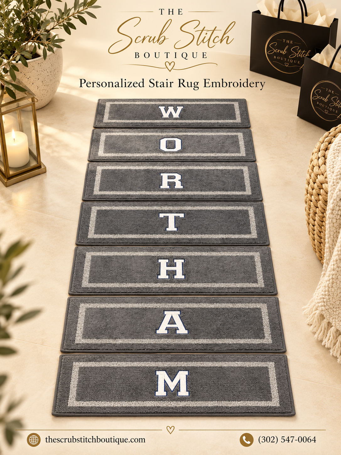 Personalized Stair Rug Embroidery | Custom Family Name Letters