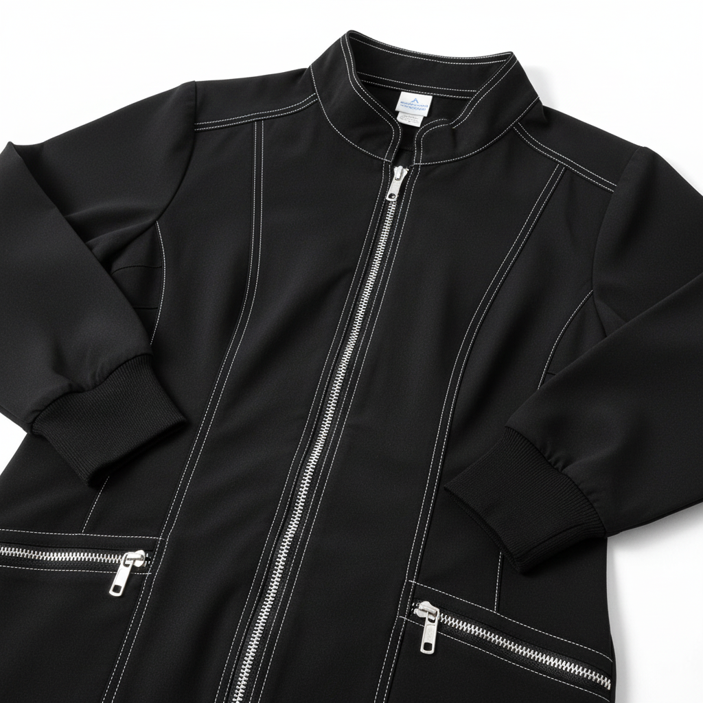 Black scrub jacket zipper and pocket details