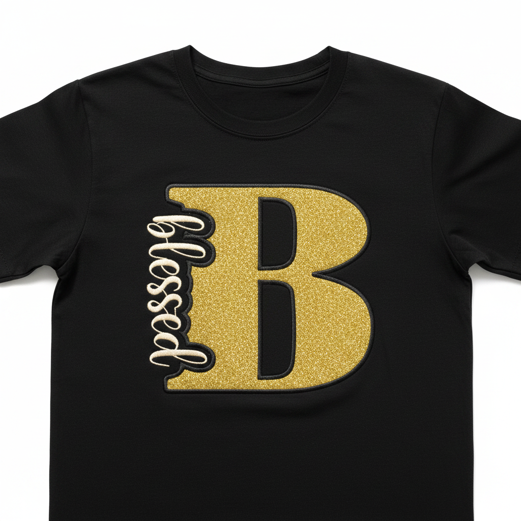 Blessed Embroidery Shirt – Black with Gold & Cream
