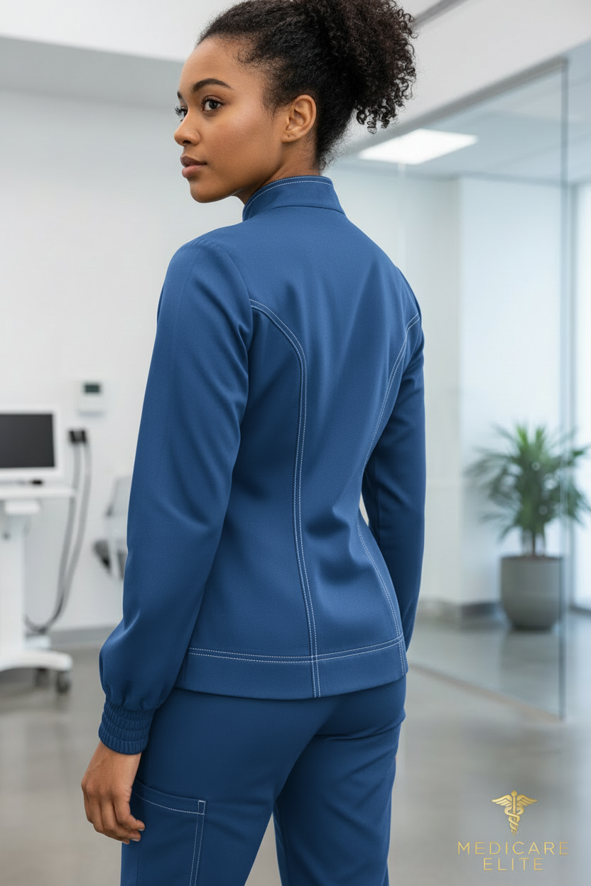 Blue scrub jacket back view