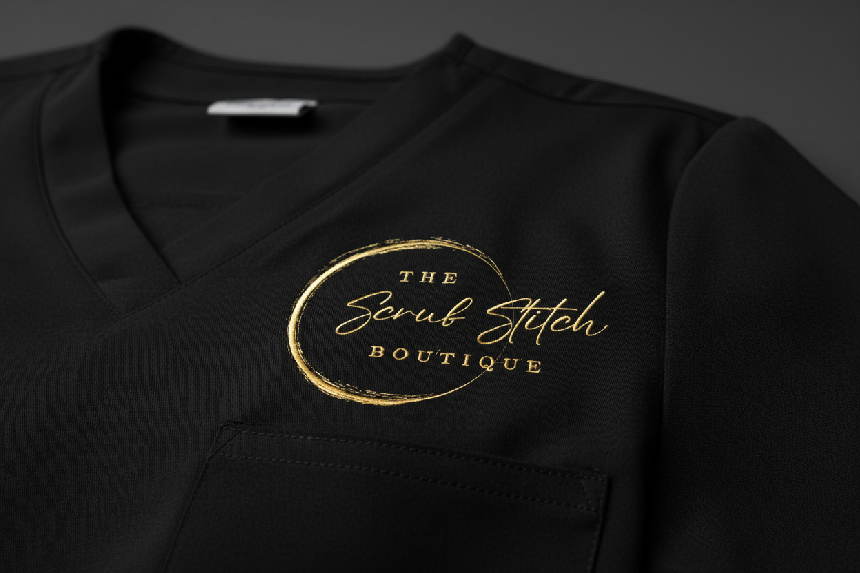 Close-up of embroidered logo on scrub jacket