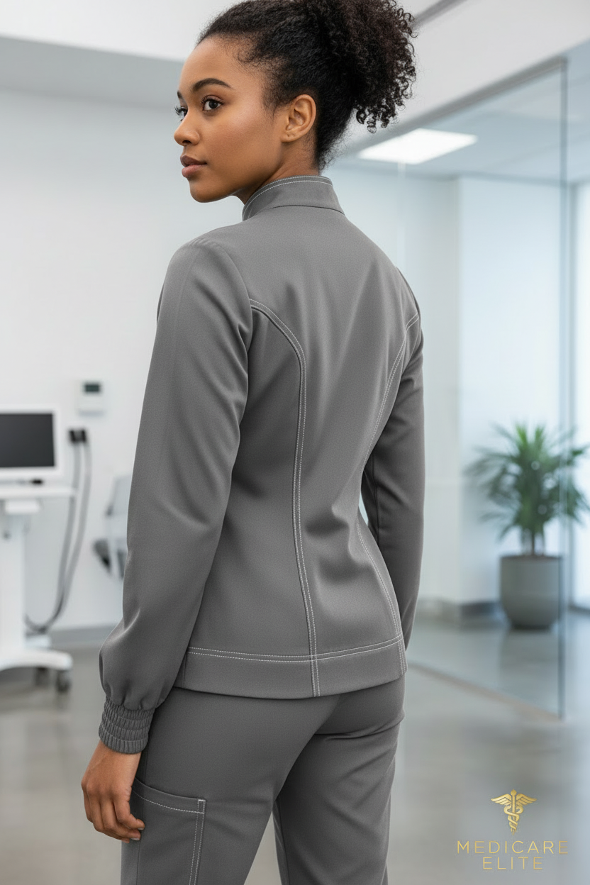 Gray scrub jacket back view