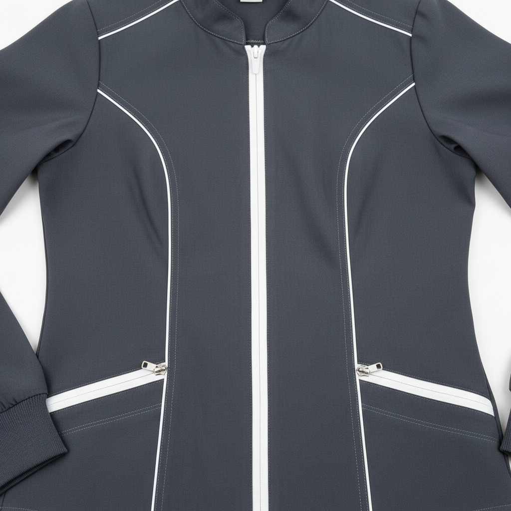 Gray scrub jacket zipper details