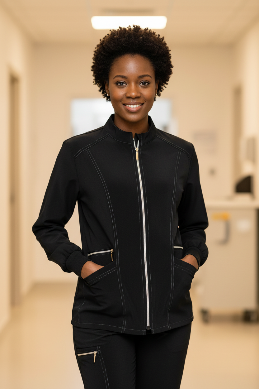 Healthcare professional in black zip-up scrub jacket