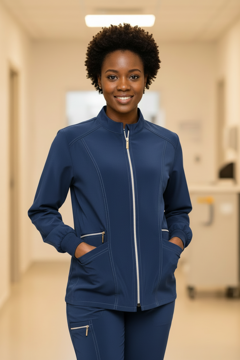 Healthcare professional in blue scrub jacket