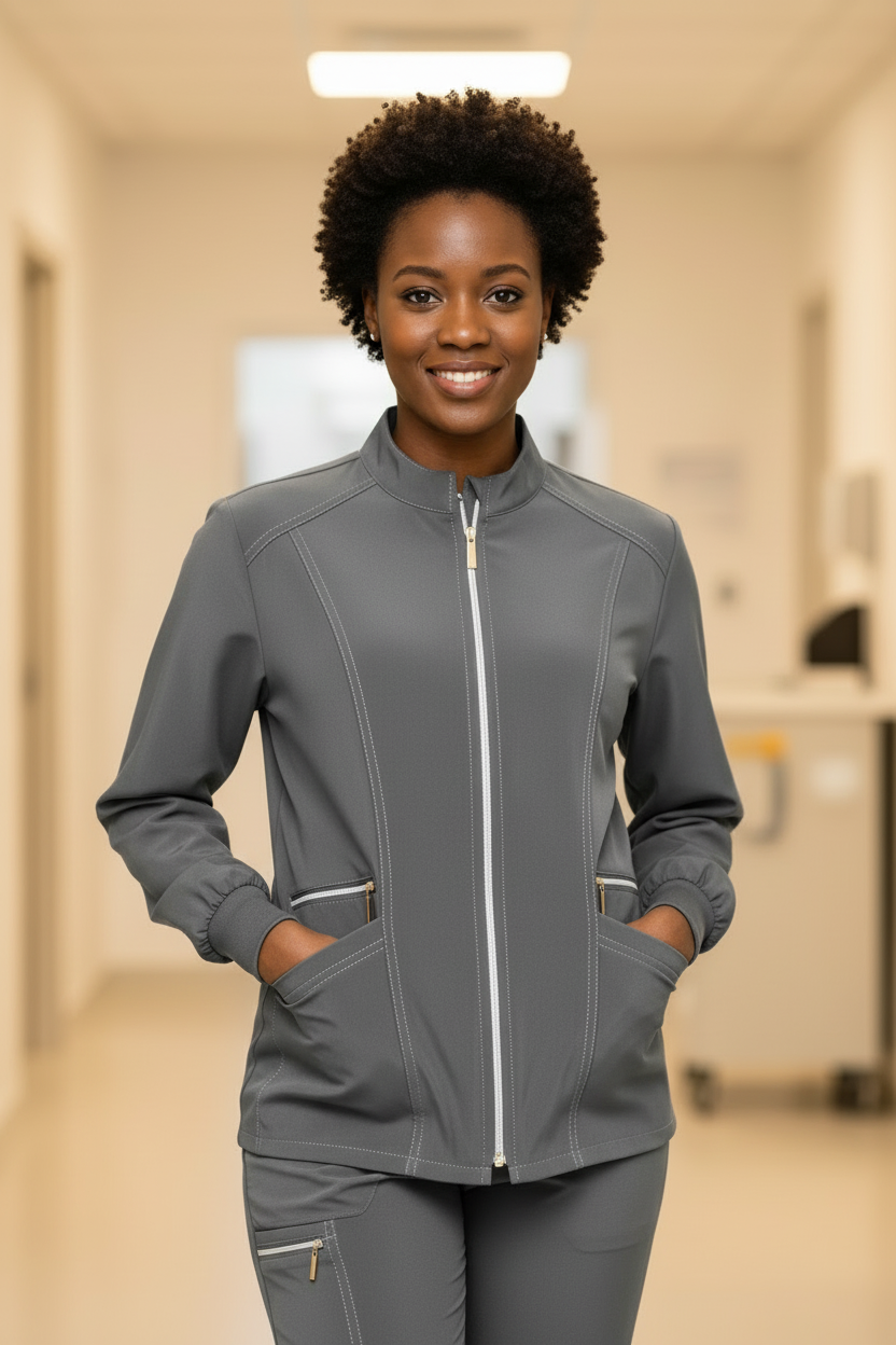 Healthcare professional in gray scrub jacket