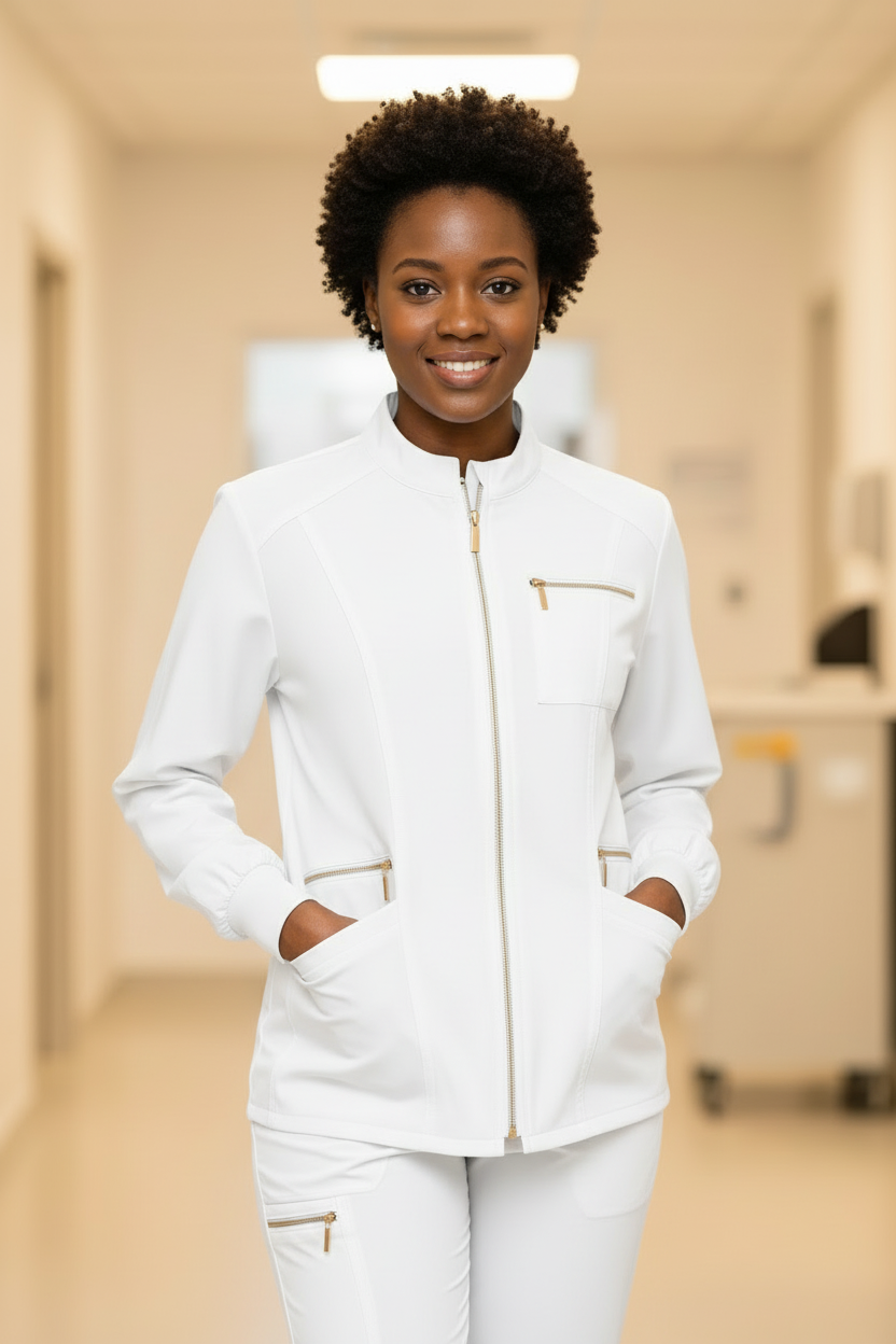 Healthcare professional in white scrub jacket