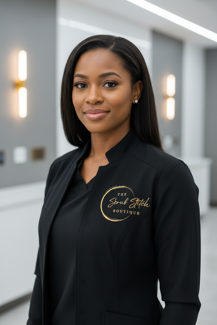 Healthcare professional wearing embroidered scrub jacket