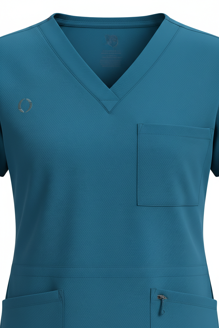 Close-up detail of teal blue scrub suit showing fabric texture and v-neck detail
