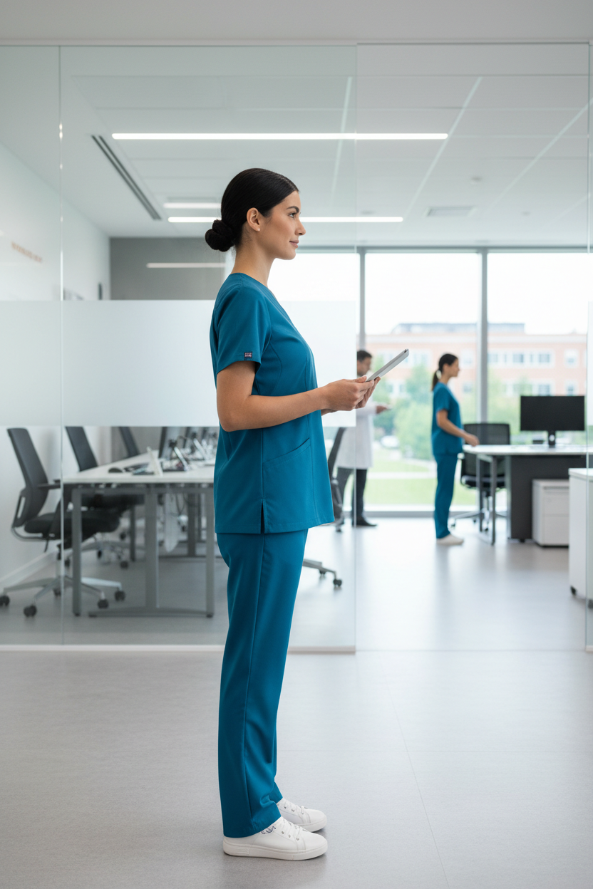 Teal blue scrub suit side view worn by medical professional in clinical setting