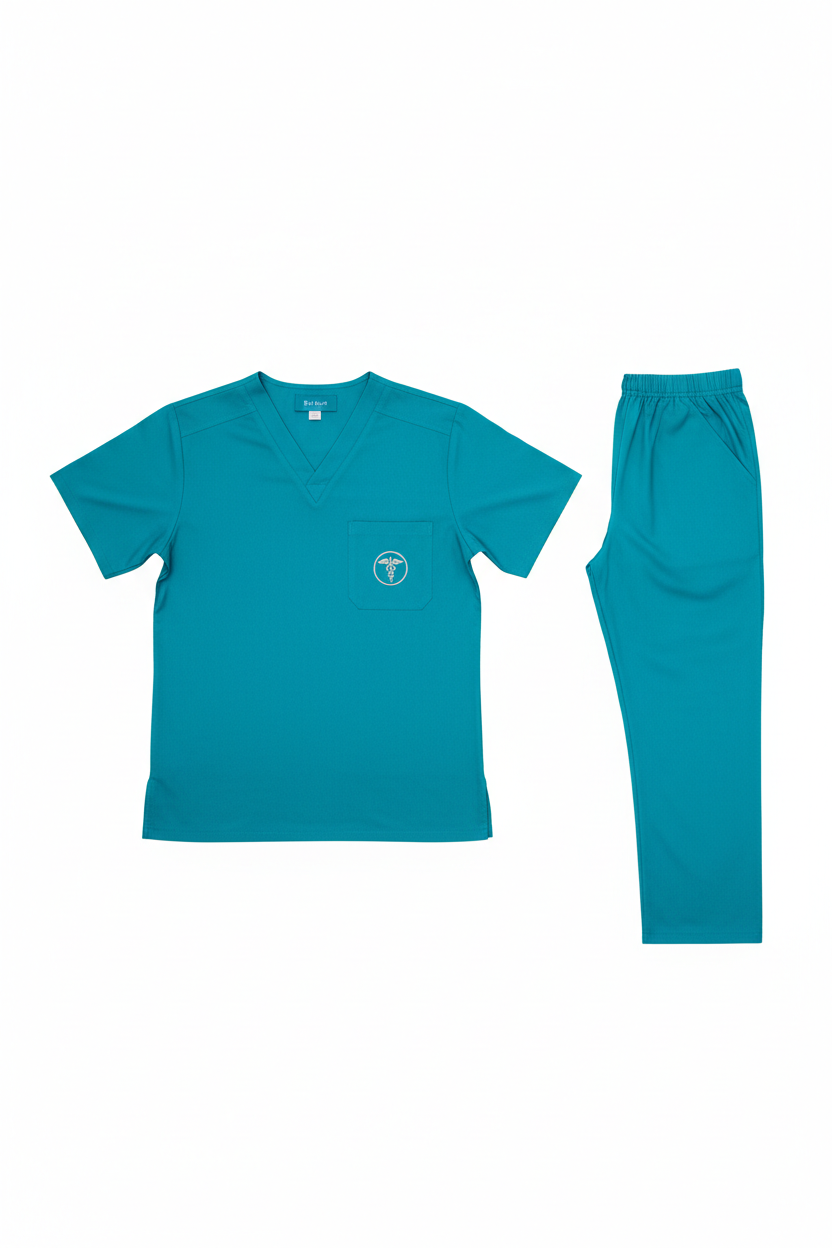 Teal blue scrub suit set flat lay showing short sleeve top and straight leg pants
