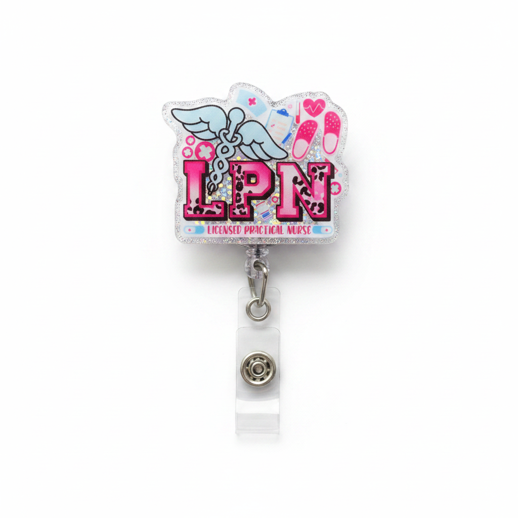 LPN Pink Glitter and Leopard retractable badge reel
