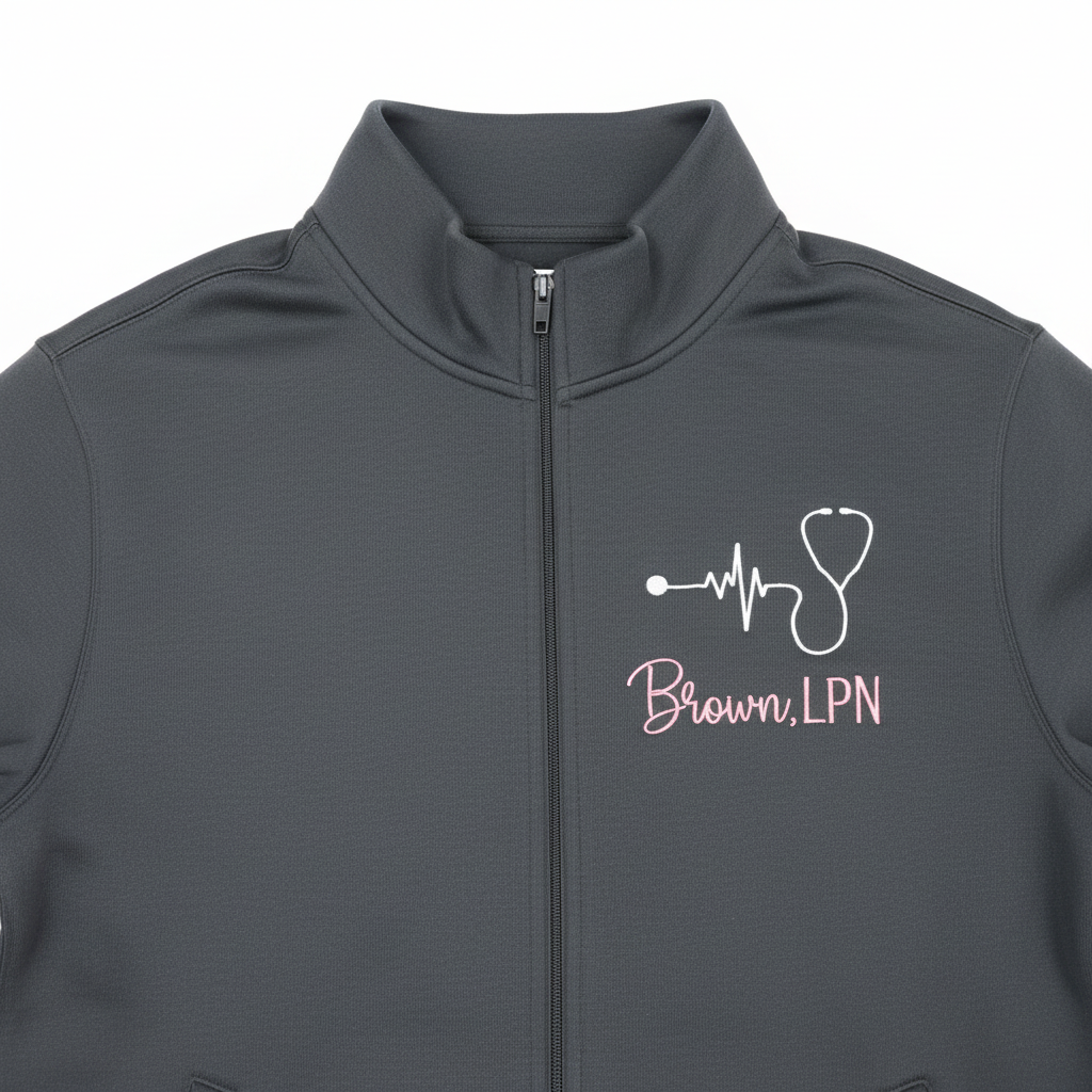 Custom embroidered gray hoodie with heartbeat stethoscope design and Brown, LPN personalization