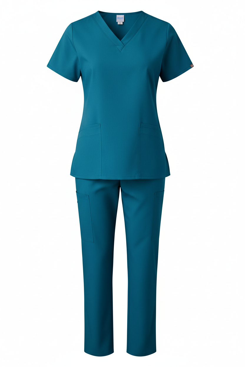 Teal blue women's short sleeve straight leg scrub suit front view on white background