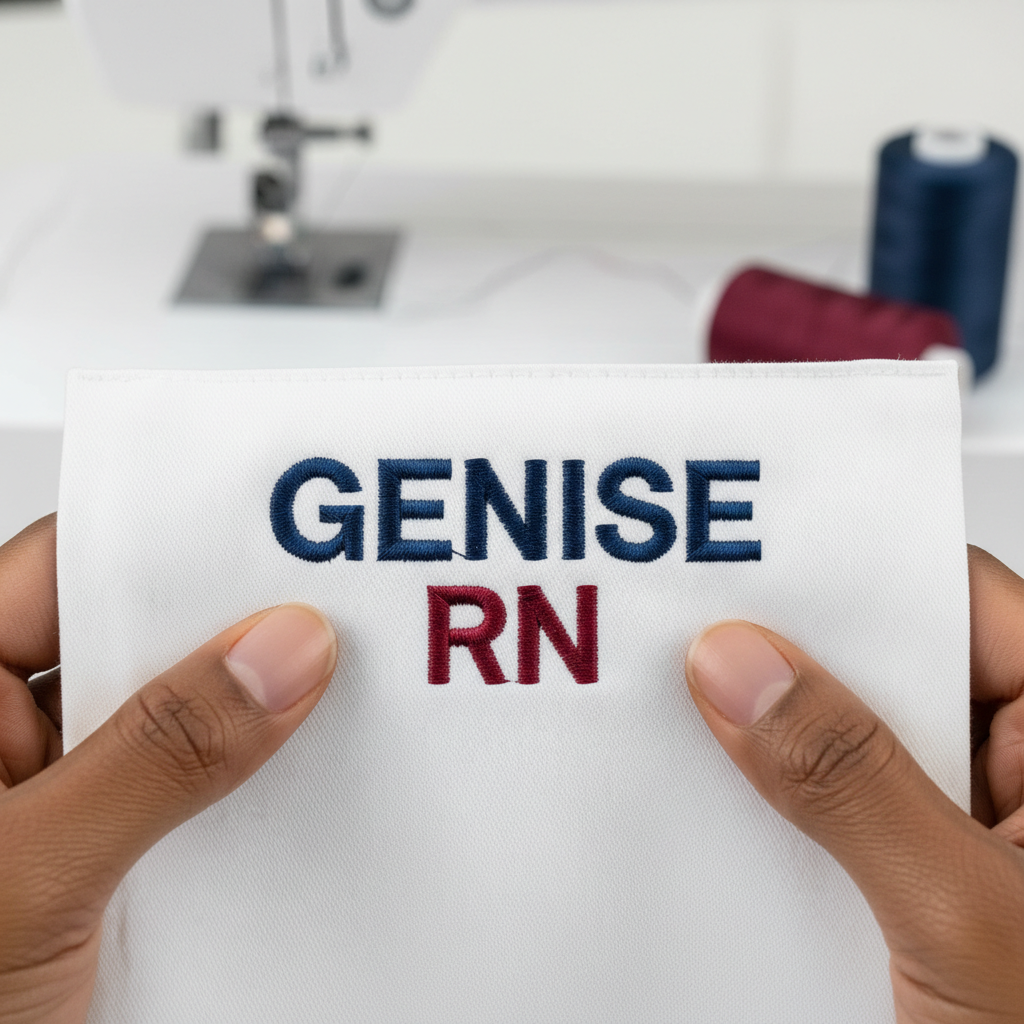 Signature Block embroidery font showing name and title - professional for medical scrubs
