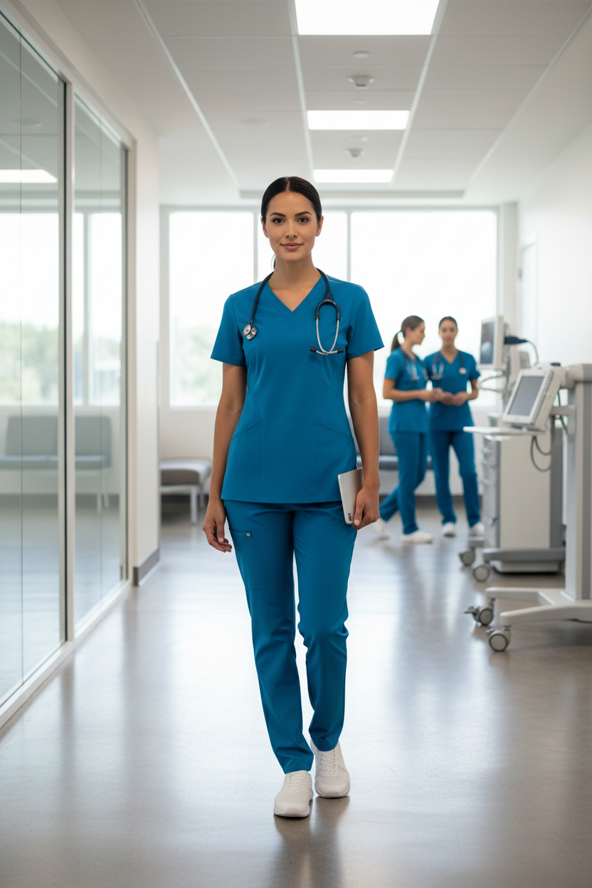 Healthcare professional wearing teal blue scrub suit in modern hospital setting