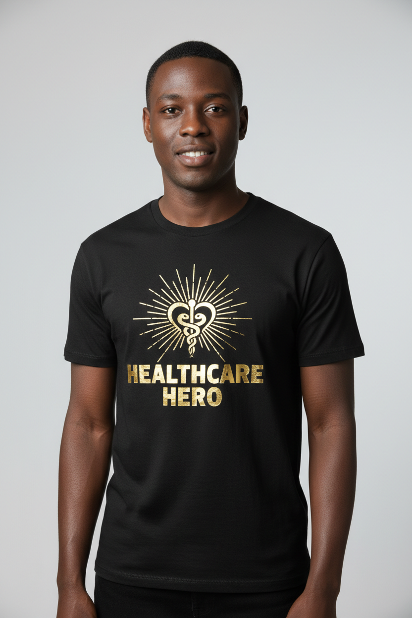 Healthcare Hero T-Shirt - Black with Gold Accents - Soft Cotton Crew Neck