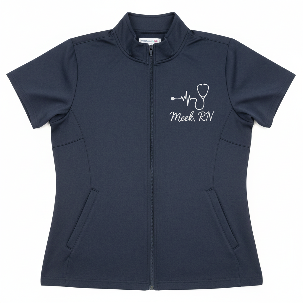 Custom embroidered navy scrub top with heartbeat stethoscope design and Meek, RN personalization