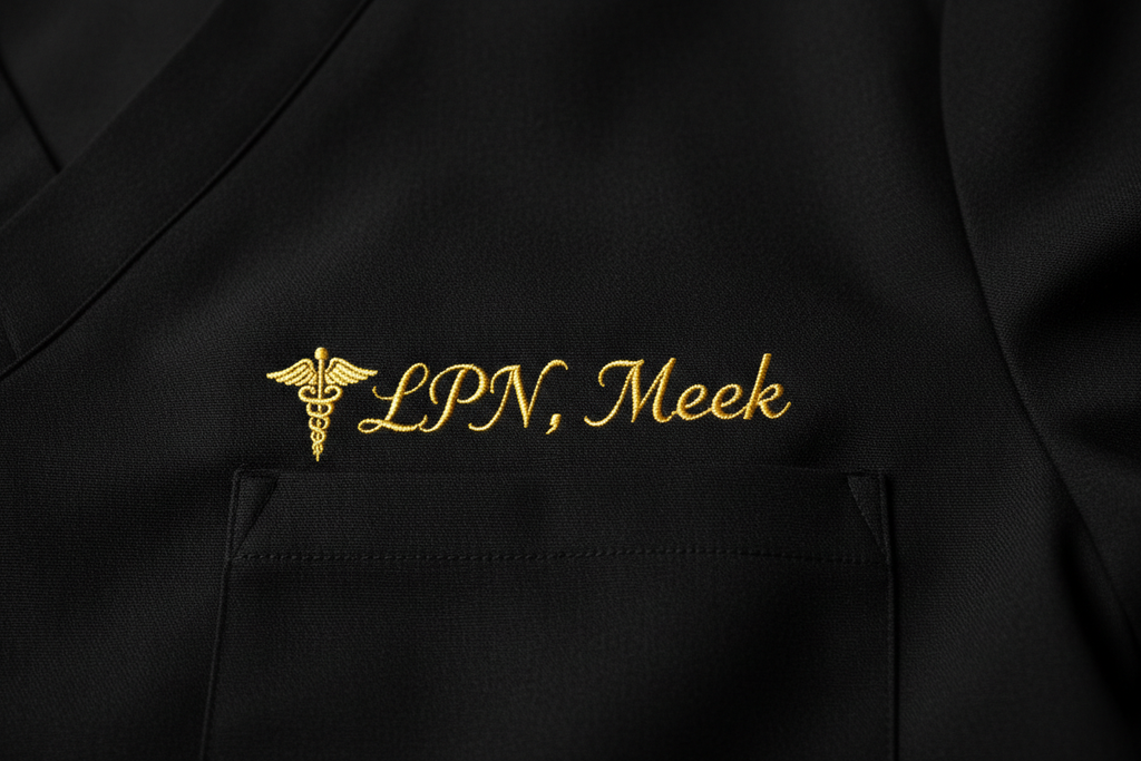 Personalized embroidery with LPN Meek and medical symbol