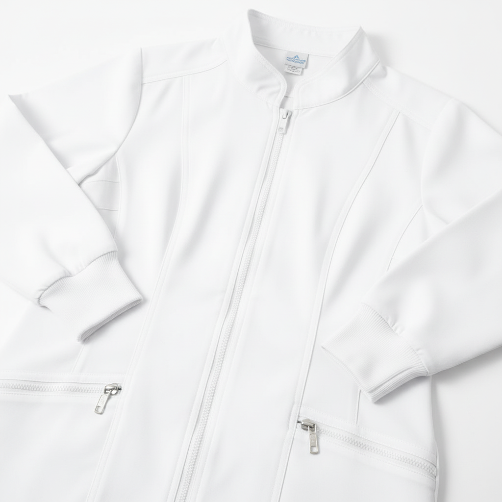 White scrub jacket zipper details